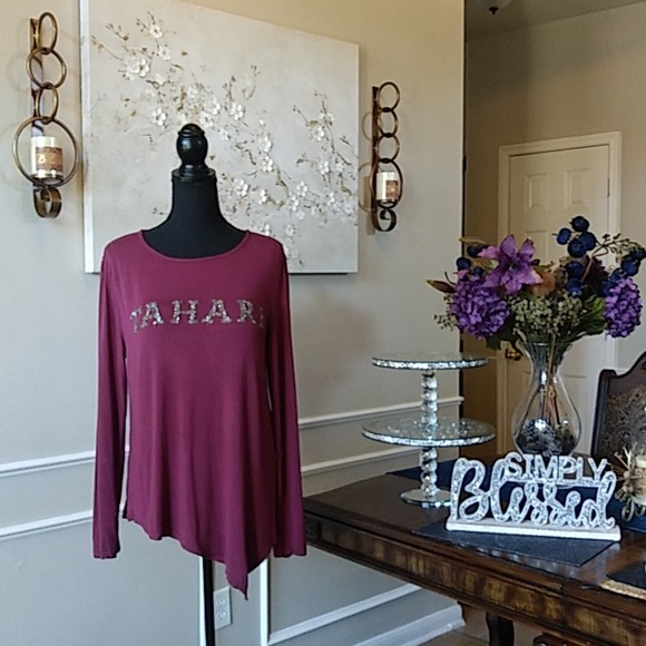 Burgundy Asymmetrical Long Sleeves Embellished Top By Tahari. Size L - Picture 10 of 17